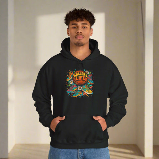 Model wearing BG11 Basketball Life unisex heavy blend hoodie in pink, perfect for basketball fans and streetwear enthusiasts.