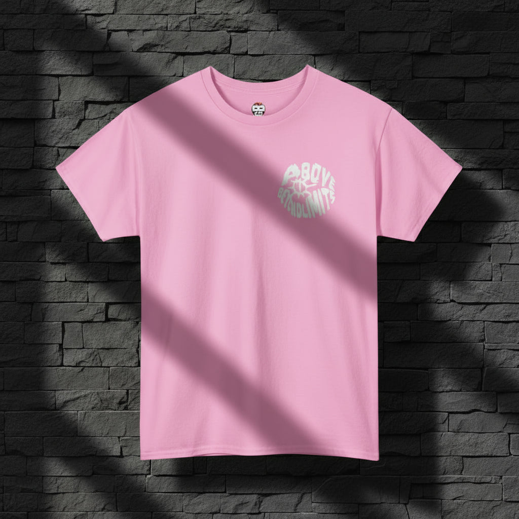 Pink t-shirt with a white graphic on a white background