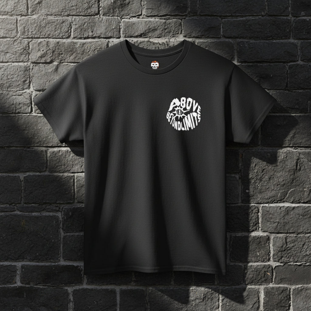 Black t-shirt with a white logo on a white background