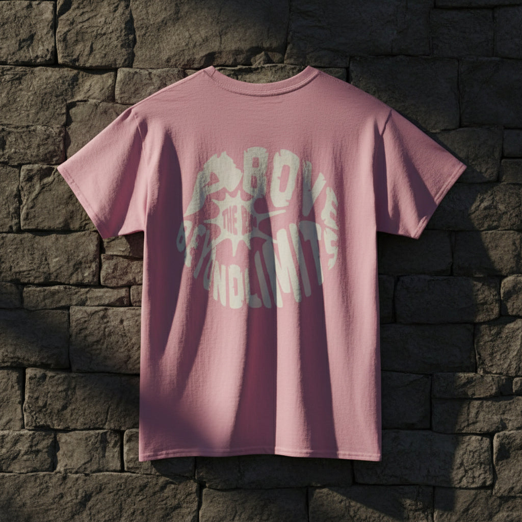 Pink t-shirt with white text on a white background