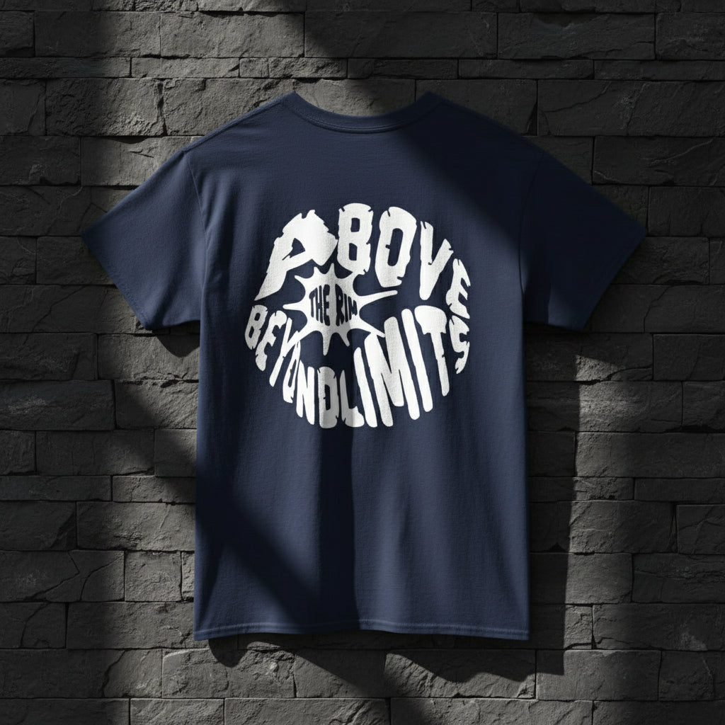 Navy blue t-shirt with white text 'Above the Beyond Limits' on a white background