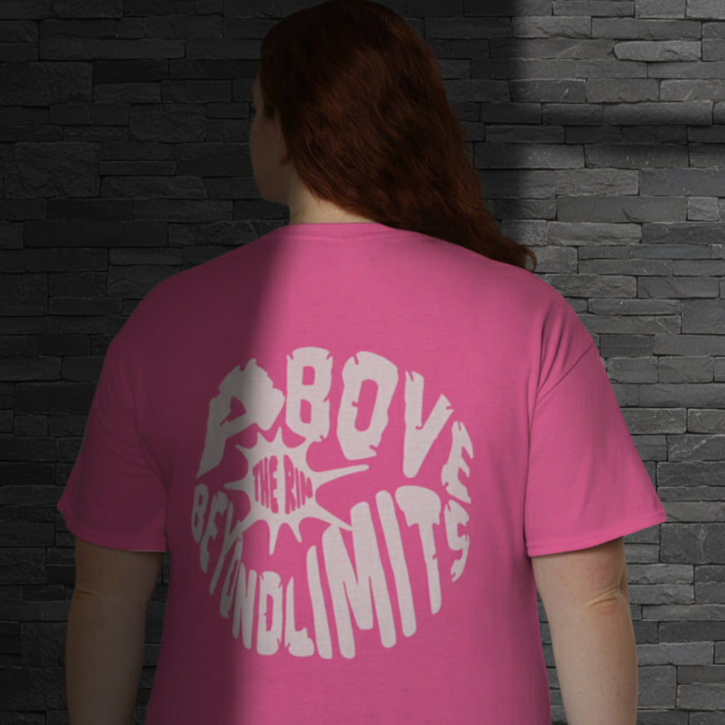 Person wearing a pink t-shirt with text on the back, standing against a white background