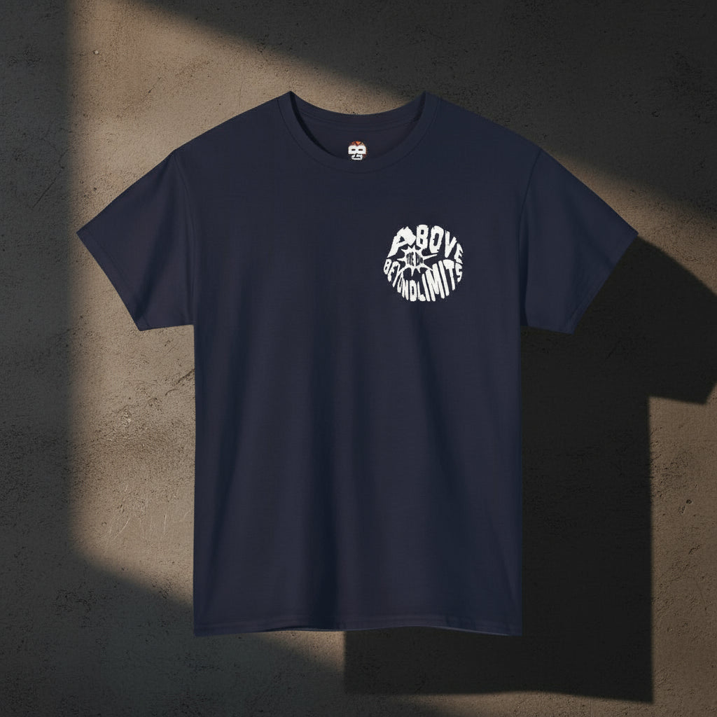 Navy blue t-shirt with a white logo on a white background