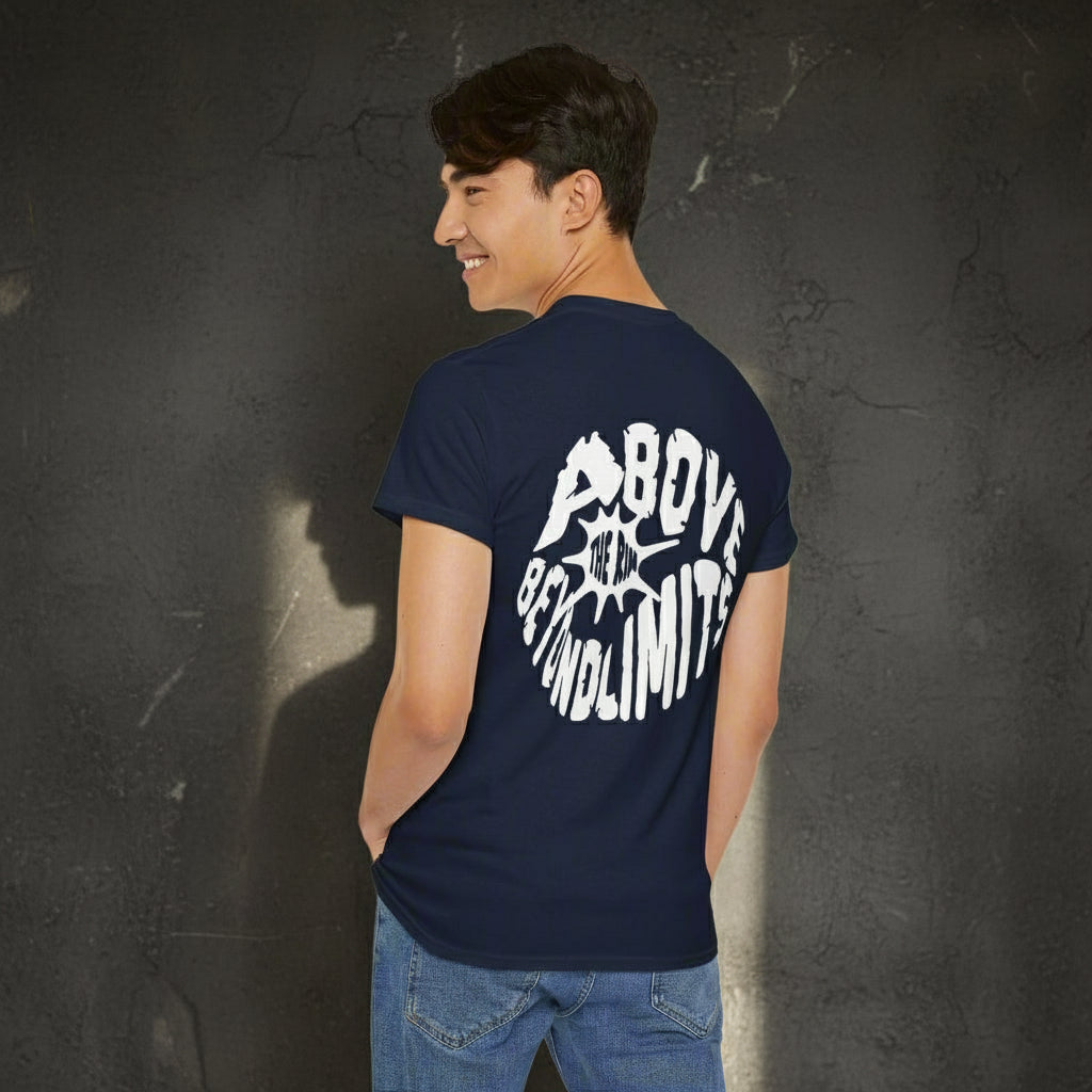 Person wearing a navy blue t-shirt with text on the back, standing against a white background