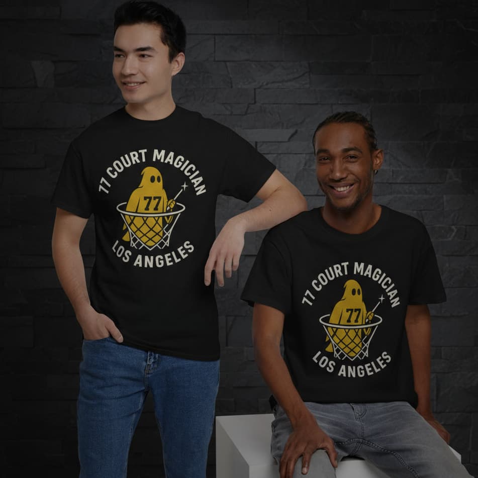 77 Court Magician – Los Angeles Gold Ghost Streetwear Basketball Tee | Unisex Heavy Cotton T-Shirt