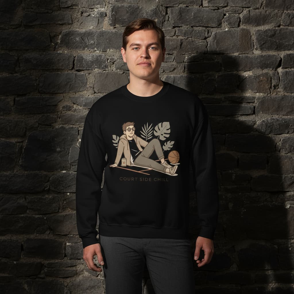 Man wearing BG11 “Court Side Chill” basketball sweatshirt — minimalist streetwear design featuring player illustration and laid-back court vibes.