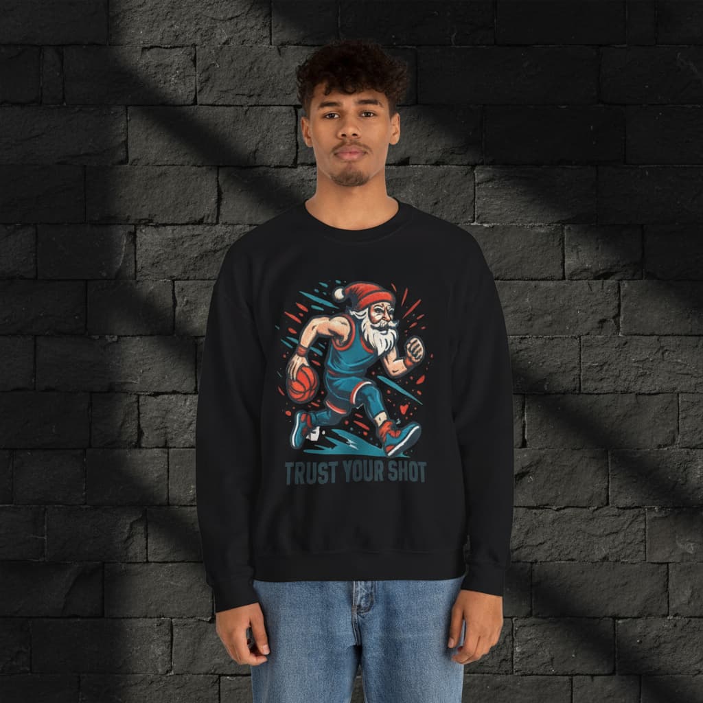 Unisex Christmas Basketball Sweatshirt – Santa Claus “Trust Your Shot” Graphic Crewneck | Perfect Holiday Gift