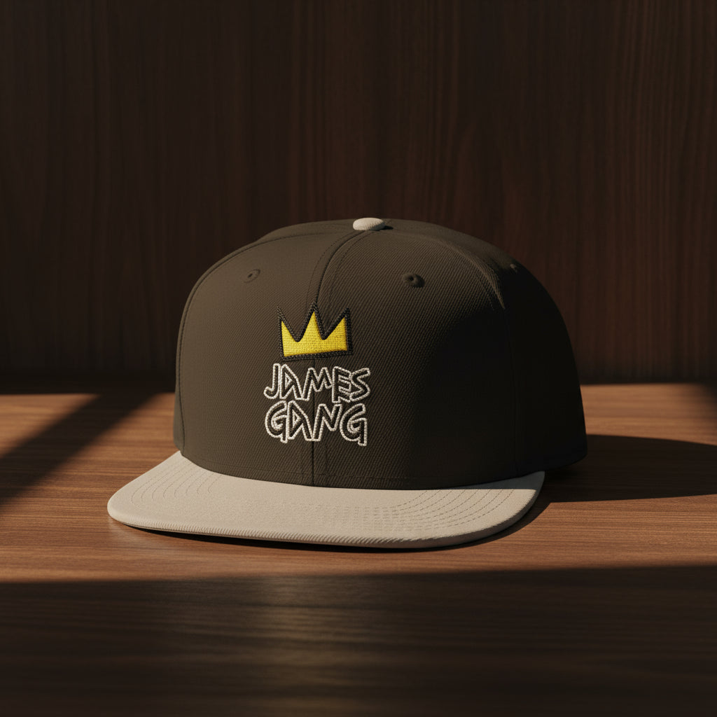 “James Gang Embroidered Snapback Cap in Black and Charcoal Gray – front view streetwear hat”