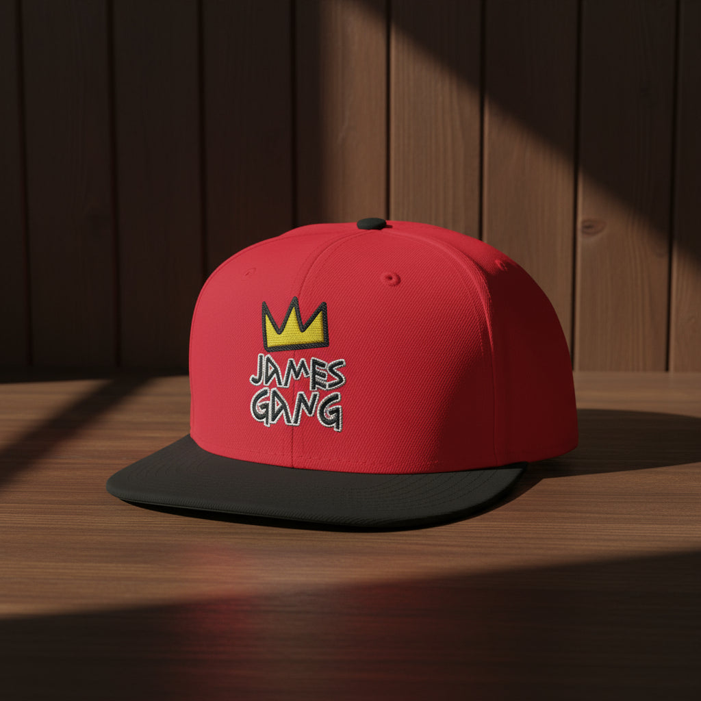 “James Gang Embroidered Snapback Cap in Black and Red – front view with red embroidery”