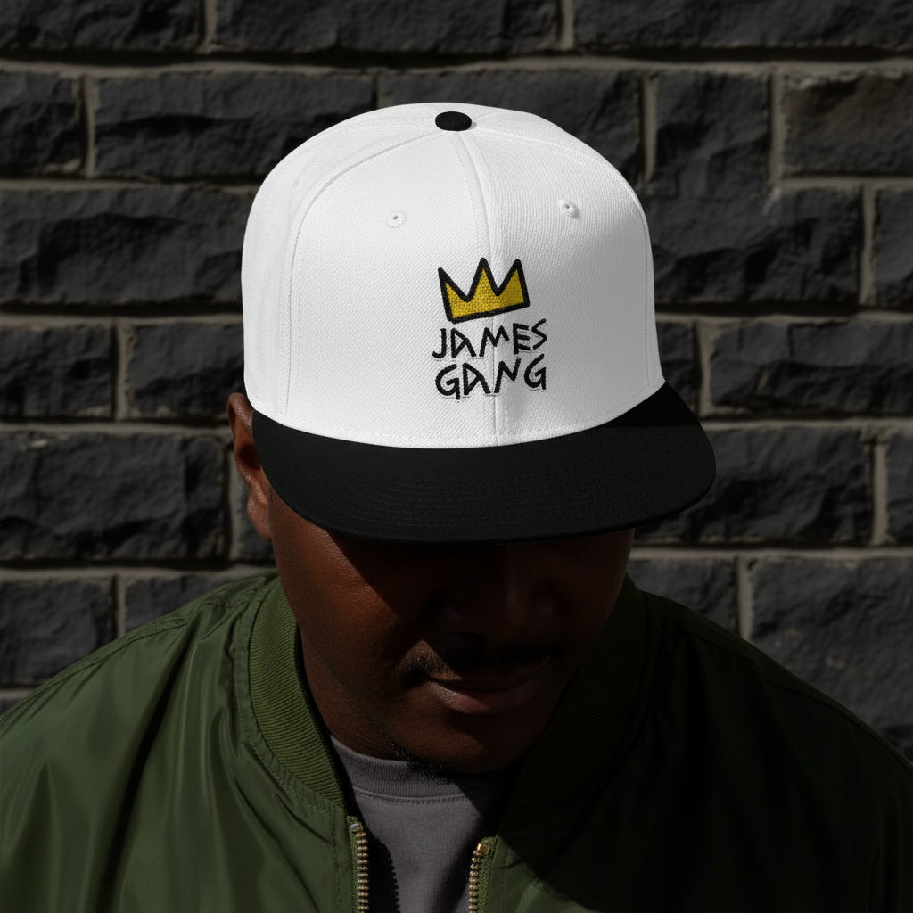 “Model wearing Black and White James Gang Embroidered Snapback Cap – front view”