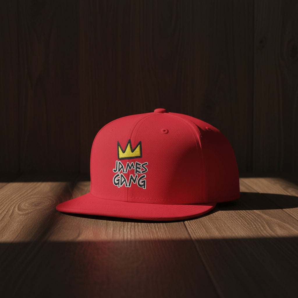 “James Gang Embroidered Snapback Cap in Red – unisex front design streetwear hat”