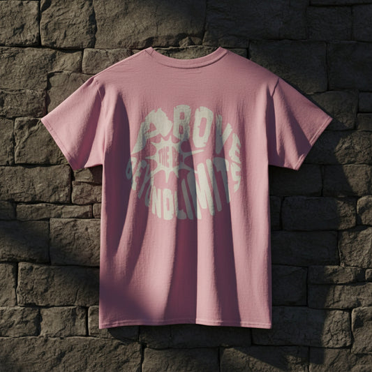 Pink t-shirt with white text on a white background