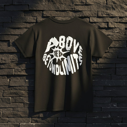 Black t-shirt with white text 'Above the Beyond Limits' on a white background
