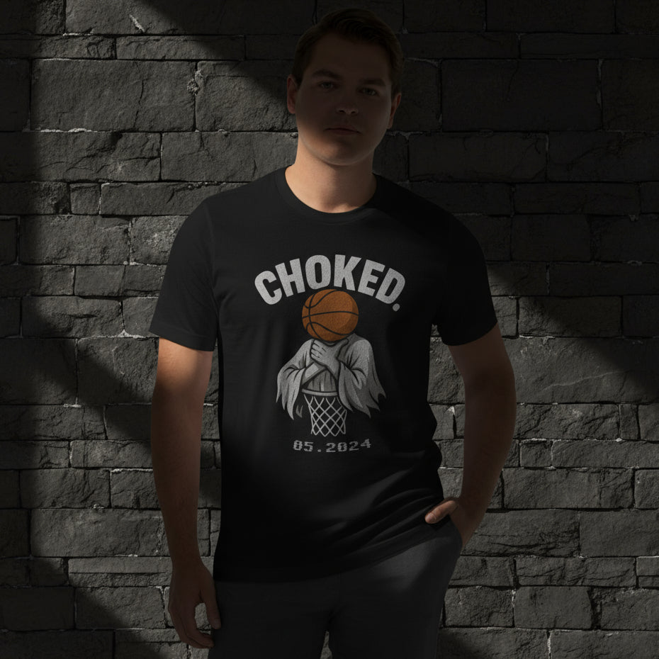 Male Model Wearing CHOKED BG11 Basketball Ghost Streetwear Tee in Black – Funny Hoopers Graphic Shirt