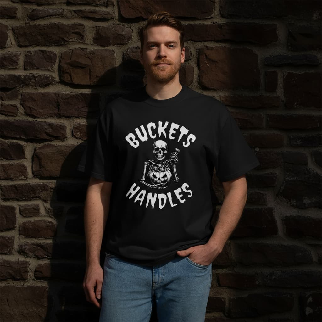 BG11 Male model wearing Spooky Basketball Streetwear Tee in Faded Black – Oversized Unisex Heavy Faded T Shirt