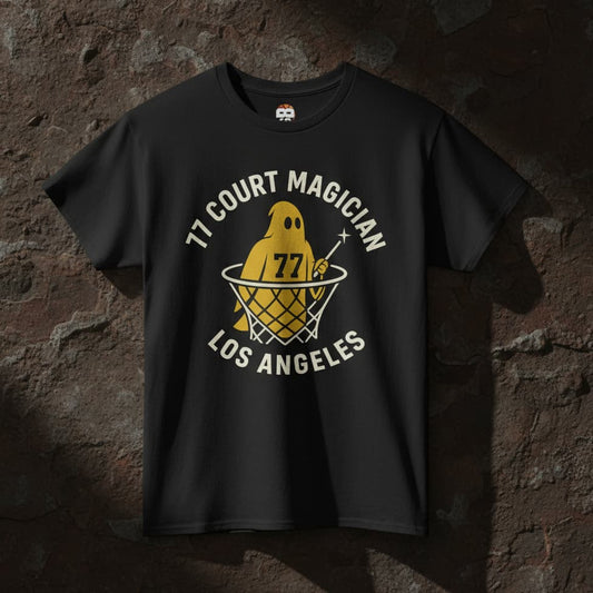 Alt Text: 77 Court Magician Los Angeles Gold Ghost Streetwear Basketball Tee – Black Front View Unisex Heavy Cotton T Shirt