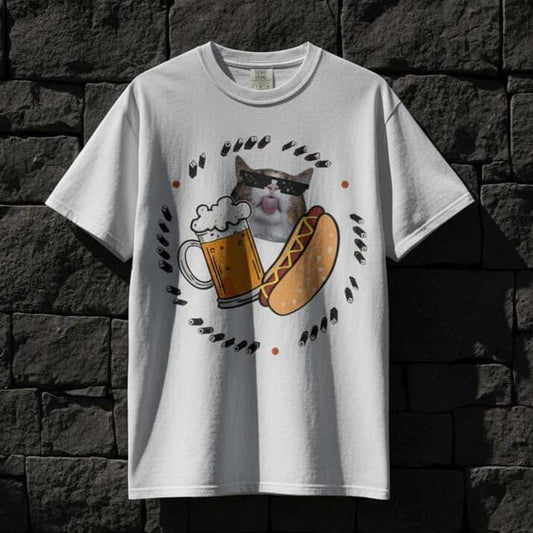White t-shirt with a graphic of a cat drinking beer and eating a hot dog, against a stone wall background.