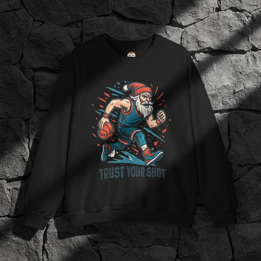 Unisex Christmas Basketball Sweatshirt – Santa Claus “Trust Your Shot” Graphic Crewneck | Perfect Holiday Gift