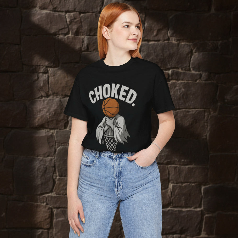 Female Model Wearing CHOKED Basketball Ghost Streetwear Tee in Black – Bold Funny Basketball Shirt