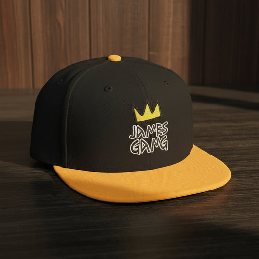 “James Gang Embroidered Snapback Cap in Gold and Black – front embroidered design”