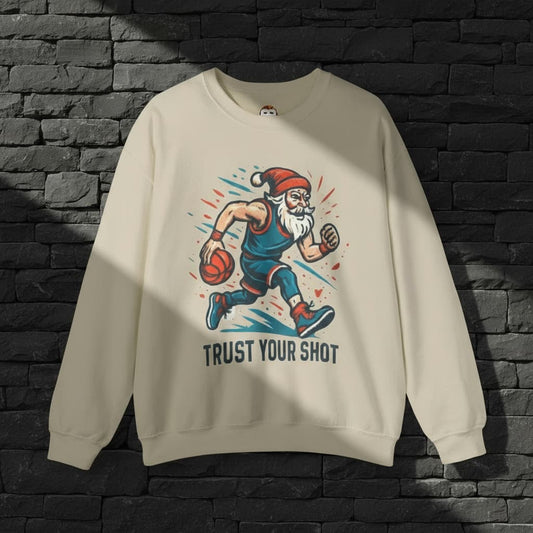 Unisex Christmas Basketball Sweatshirt – Santa Claus “Trust Your Shot” Graphic Crewneck | Perfect Holiday Gift